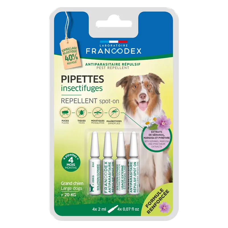 FRANCODEX - Pipettes Insectifuges Formule Renforcée Grand Chien ×4 2 ml