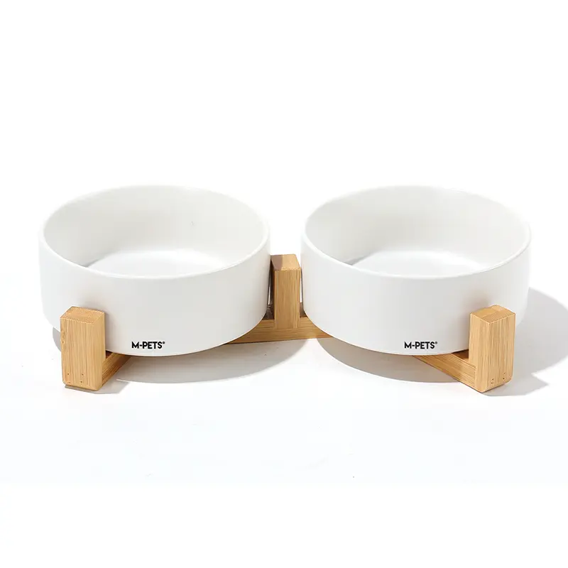 M-PETS - OPERA - Gamelle Céramique 2×850 ml Avec Support Bambou Blanc